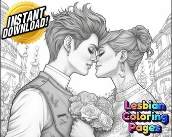 Lesbian Pride | Premium Coloring Page | Printable Adult Fantasy Art Colouring Pages Book Instant Download Grayscale Illustration Butch Femme
