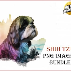 Shih Tzu Watercolor Double Exposure Dog Clip Art Designs in HD PNG POD Image Bundle, Perfect for T-Shirts | Dogs Sublimation PNGs Set