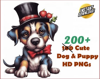 200 Original Cute Colorful Dogs Clip Art Designs HD PNG Image Bundle - Perfect For T-Shirts, Branding, Tattoos, Greeting Cards Sublimation