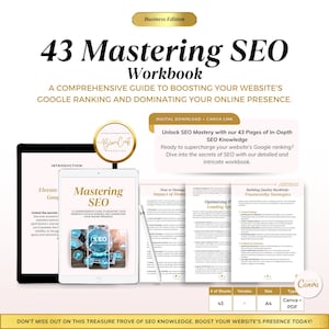 Peut inclure: Un classeur numérique intitulé "43 Mastering SEO Workbook" avec un fond rose et un titre blanc. Le classeur est un guide complet pour booster le classement de votre site Web sur Google et dominer votre présence en ligne. Le classeur est divisé en quatre sections : Introduction, Comment gérer l'impact de l'autorité de domaine, Optimisation de la vitesse de chargement des pages et Élaboration de backlinks de qualité Stratégies fiables. Le classeur est disponible en téléchargement numérique et est réalisé avec Canva.