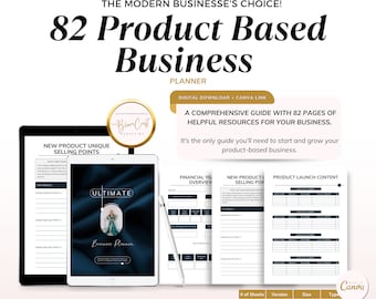 May include: Digital product-based business planner with 82 pages, available as a digital download and Canva link. The planner includes sections for new product unique selling points, financial overview, and product launch content. The cover features the text "Ultimate Business Planner".