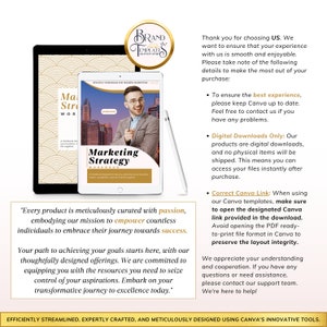 May include: A digital marketing strategy workbook with a man in a blue shirt and glasses on the cover. The workbook is titled "Marketing Strategy Workbook" and features the text "Every product is meticulously curated with passion, embodying our mission to empower countless individuals to embrace their journey towards success."