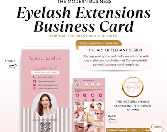 May include: A business card template for eyelash extensions, featuring a pink and white design. The front displays contact information and a photo, while the back showcases a social media feed. The card is 2x3.5 inches.