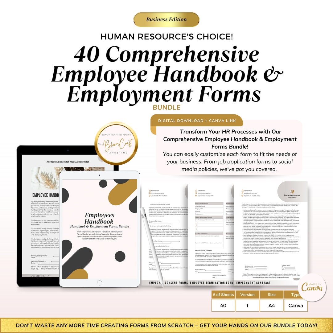 40 Comprehensive Employee Handbook & Employment Forms Bundle Editable ...
