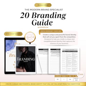 May include: A digital workbook titled "20 Branding Guide" with a blue and white watercolor background. The workbook is designed to help create a unique and powerful brand identity. The workbook includes cheat sheets and is available as a digital download.