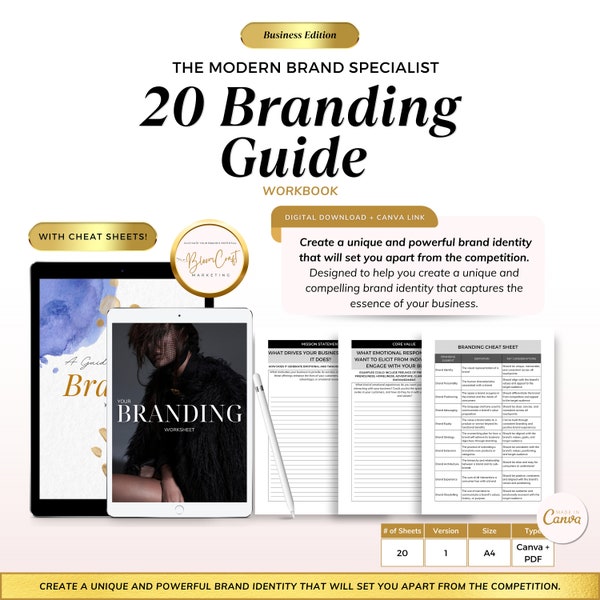 Ultimate 20-Page Branding Guide Workbook with Canva Templates for Crafting Your Unique Brand Identity