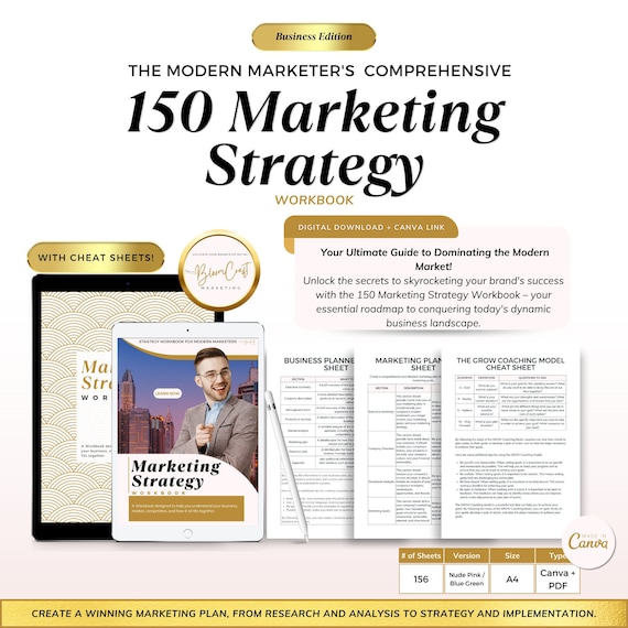 156-Page Marketing Strategy Workbook, Small Business Plan (Canva Template) (Digital Download)