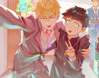 May include: Anime-style illustration featuring several young men in a brightly lit room. Two are in the foreground, one taking a selfie. Others are in suits or school uniforms. The word "PEACES" is visible on a screen.