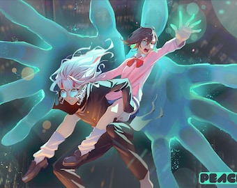 May include: Digital illustration of two anime-style characters with glowing blue energy effects. One character carries the other, both with determined expressions. The background features a cityscape and the word "PEACES" in the bottom right corner.