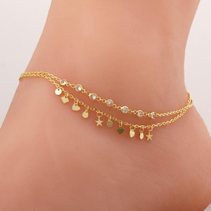 Zircon Double Layer Anklet: Gold Plated 925 Sterling Silver, 22+5cm image 1