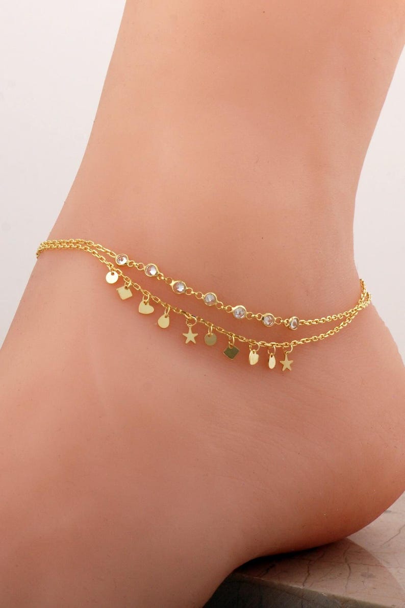 Zircon Double Layer Anklet: Gold Plated 925 Sterling Silver, 22+5cm image 1
