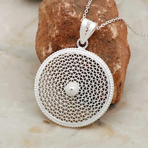 Handmade Silver Filigree Circle Pendant Necklace Intricate Round Medallion Design Elegant Lightweight Jewelry Boho Chic Gift for Her Artisan