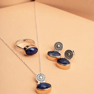 Antique Sapphire Jewelry Set 925 Sterling Silver Vintage Earrings Ring Pendant Chain image 4