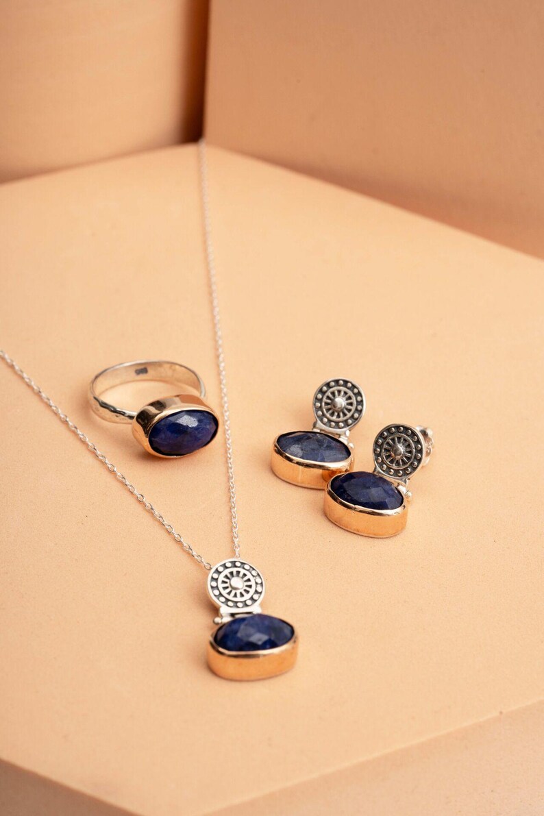 Antique Sapphire Jewelry Set 925 Sterling Silver Vintage Earrings Ring Pendant Chain image 4