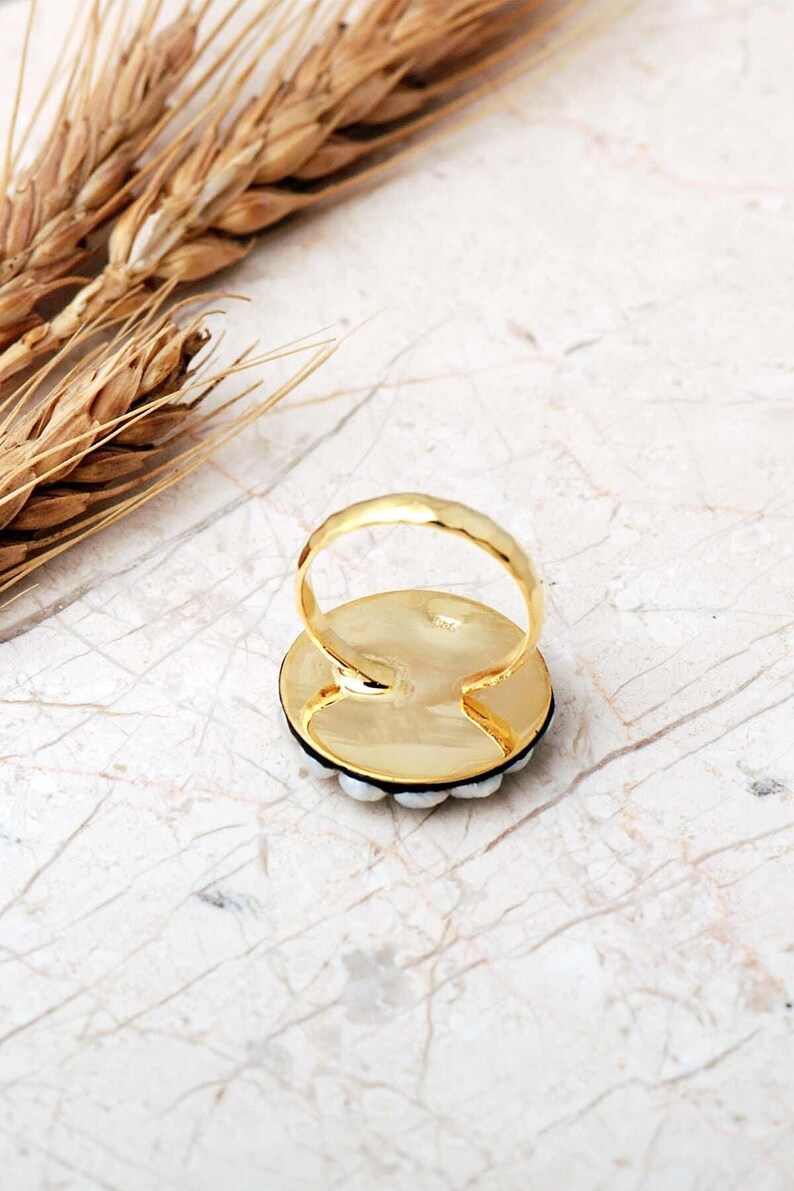 Evil Eye Ring with Sapphire & Pearl, Adjustable Gold Plated 925 Silver image 4