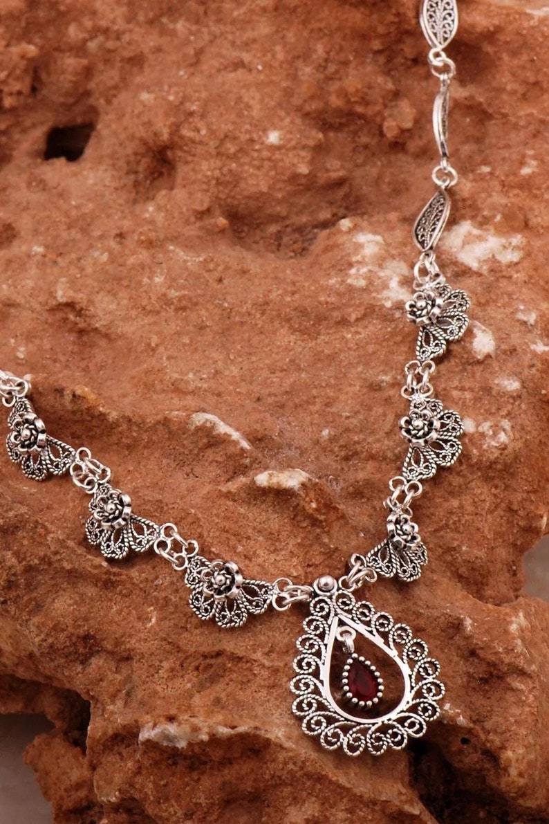 Handcrafted ruby drop silver necklace