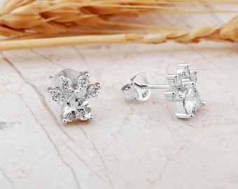 Sterling Silver Paw Print Stud Earrings, Cubic Zirconia Pet Jewelry