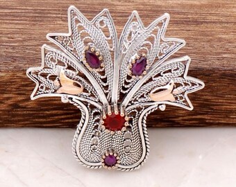 Handcrafted Sterling Silver Tulip Brooch: Red & Purple Gemstones, Rose Gold Accent
