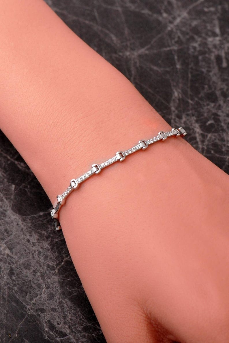 Rhodium‑Plated Silver Chain Bracelet with Zircon Crystals, 17 cm Bild 1