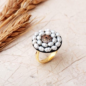 Evil Eye Ring with Sapphire & Pearl, Adjustable Gold Plated 925 Silver image 1