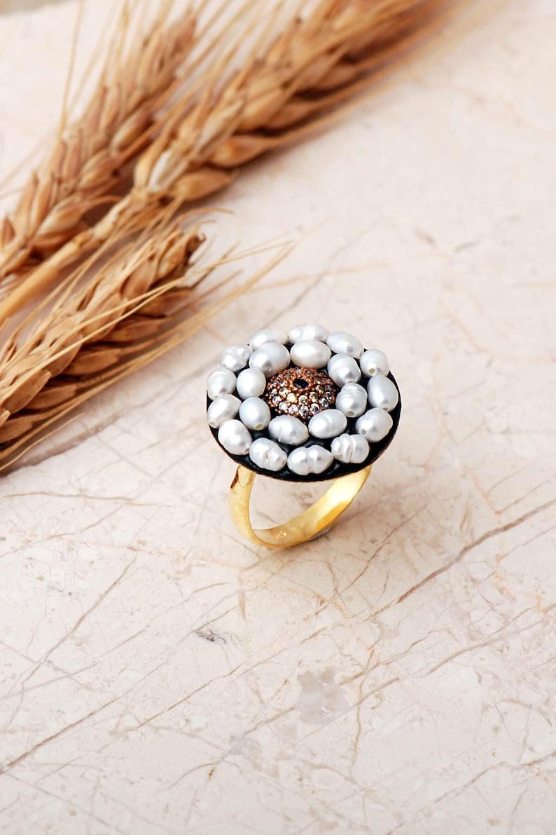 Evil Eye Ring with Sapphire & Pearl, Adjustable Gold Plated 925 Silver image 1