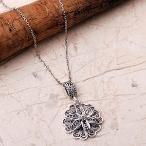 Handmade Sterling Silver Daisy Pendant Necklace: Telkari Filigree, 45cm Chain image 2