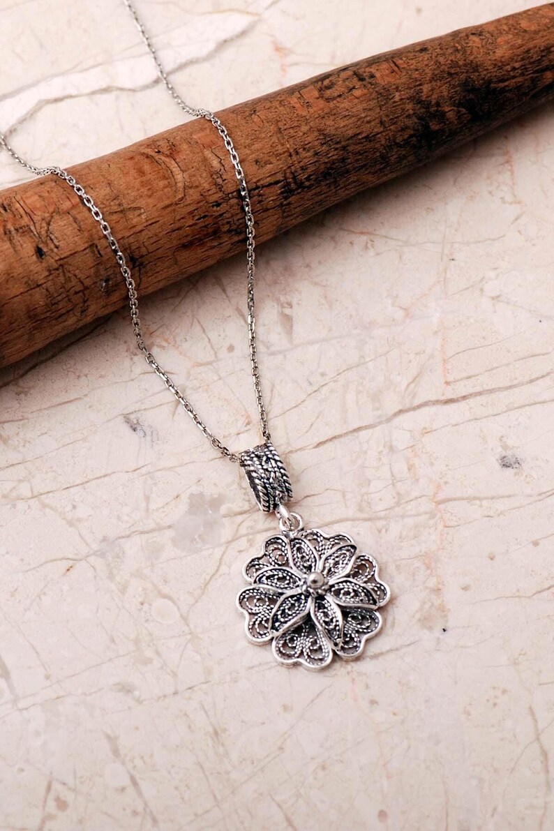 Handmade Sterling Silver Daisy Pendant Necklace: Telkari Filigree, 45cm Chain image 2