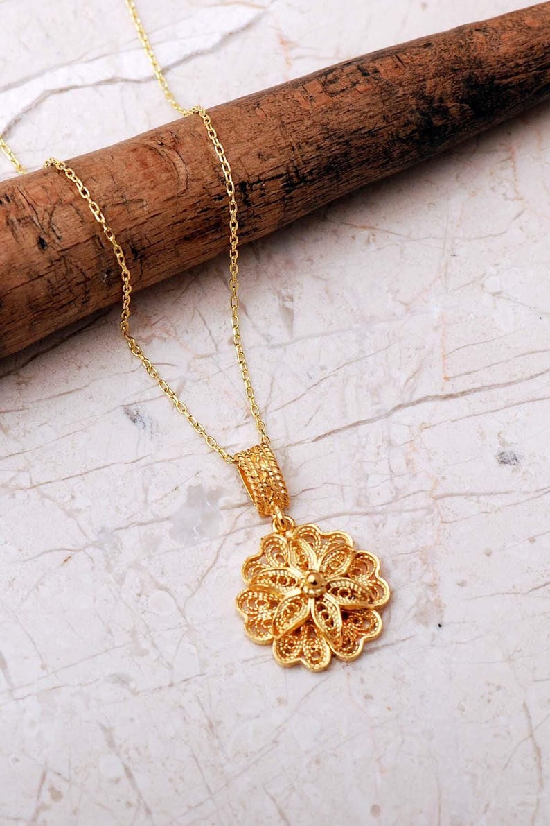 Handmade Sterling Silver Daisy Pendant Necklace: Telkari Filigree, 45cm Chain image 1