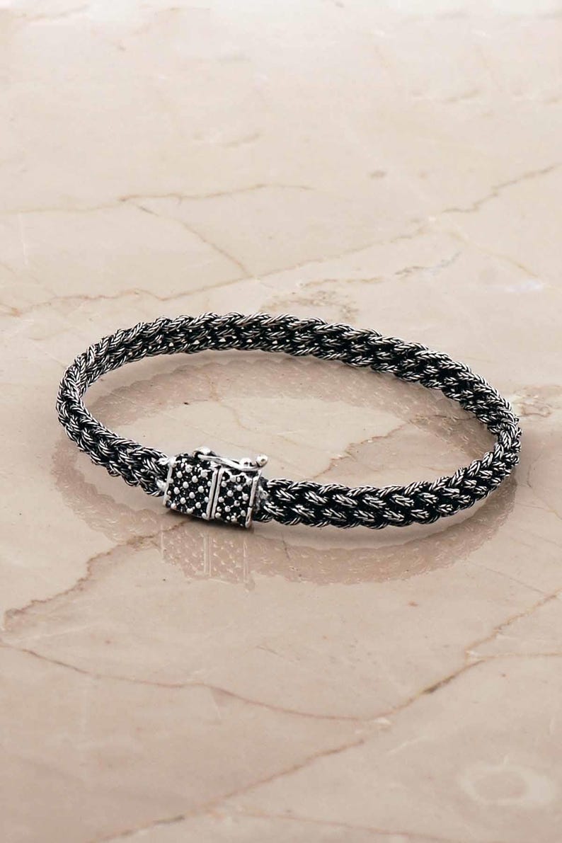 Handmade Midyat Weave Silver Men's Bracelet: 20.5 cm Oxidized Finish image 1