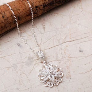 Handmade Sterling Silver Daisy Pendant Necklace: Telkari Filigree, 45cm Chain image 3