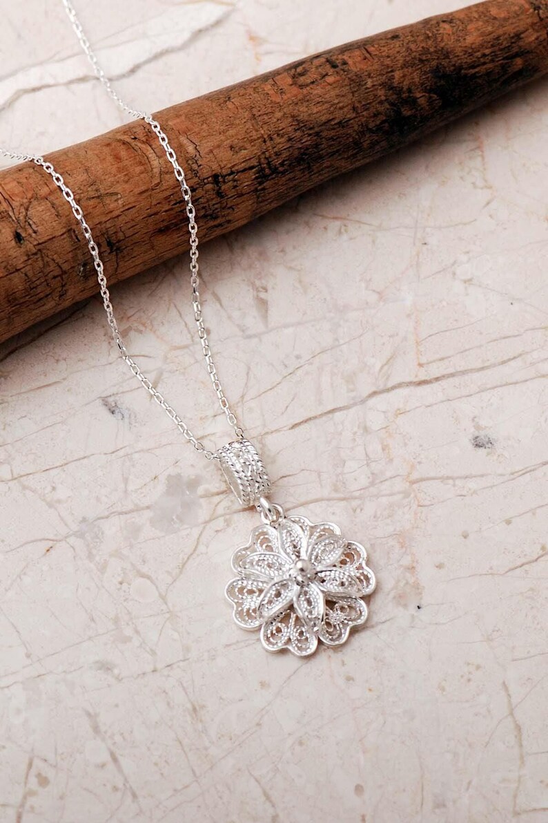 Handmade Sterling Silver Daisy Pendant Necklace: Telkari Filigree, 45cm Chain image 3