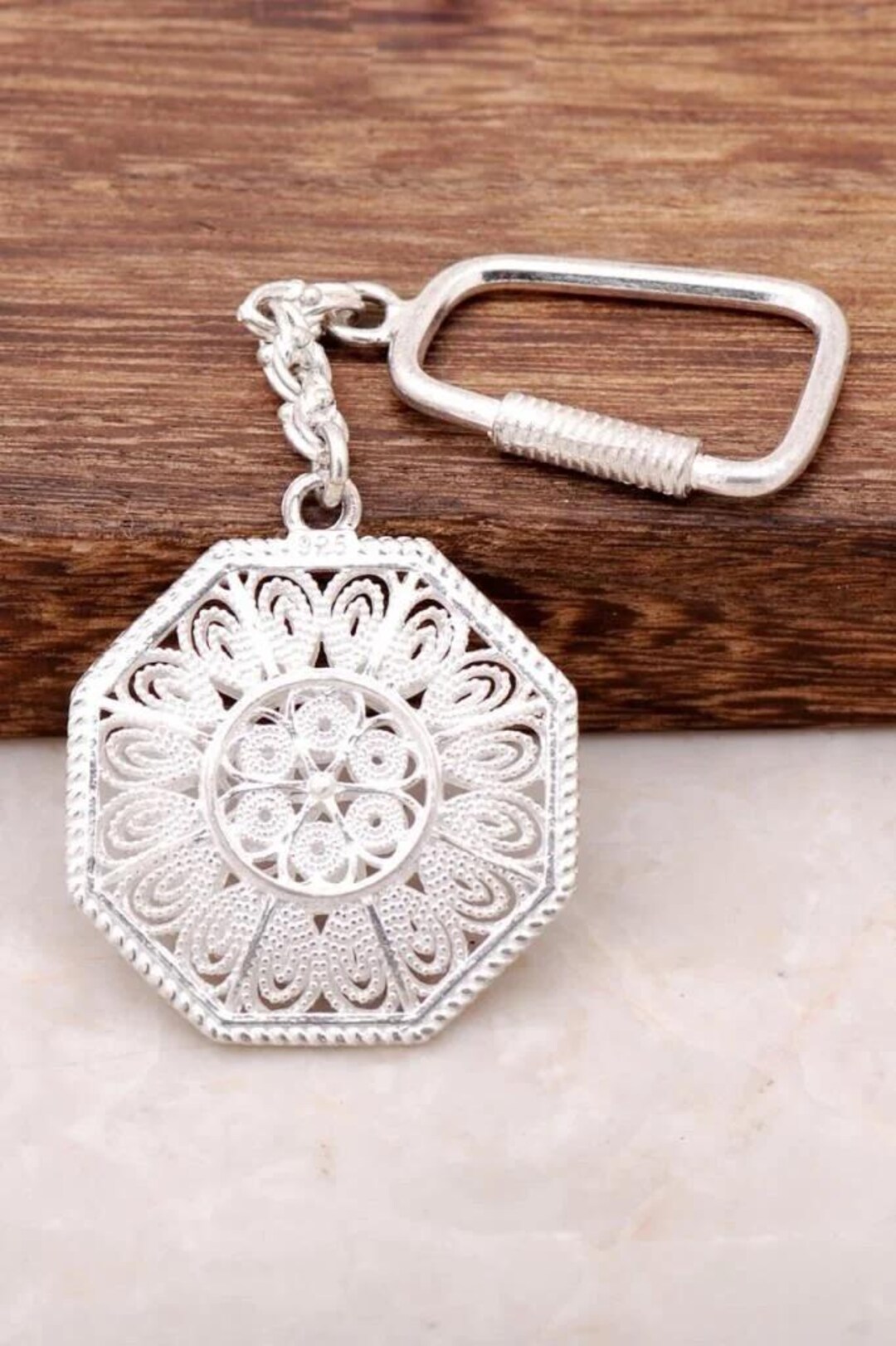 925 Sterling Silver Octagonal Keychain With Intricate Filigree Mandala ...