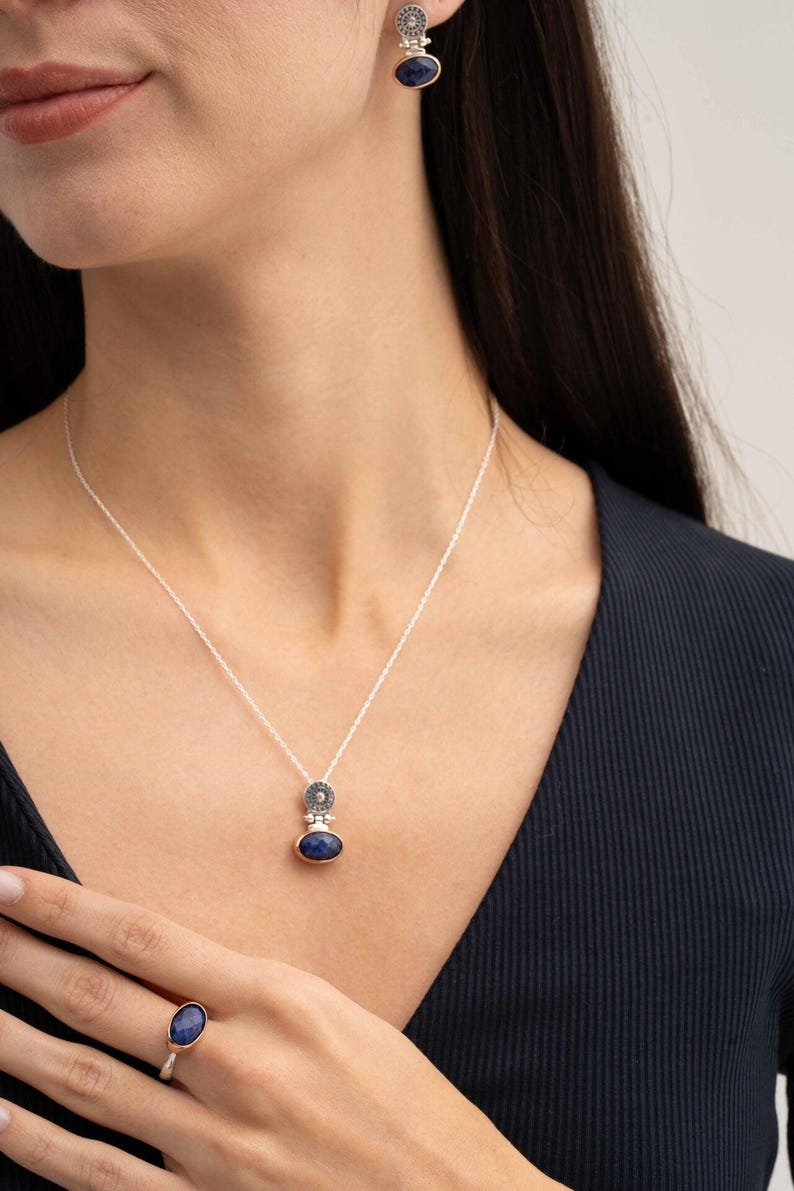 Antique Sapphire Jewelry Set 925 Sterling Silver Vintage Earrings Ring Pendant Chain image 1