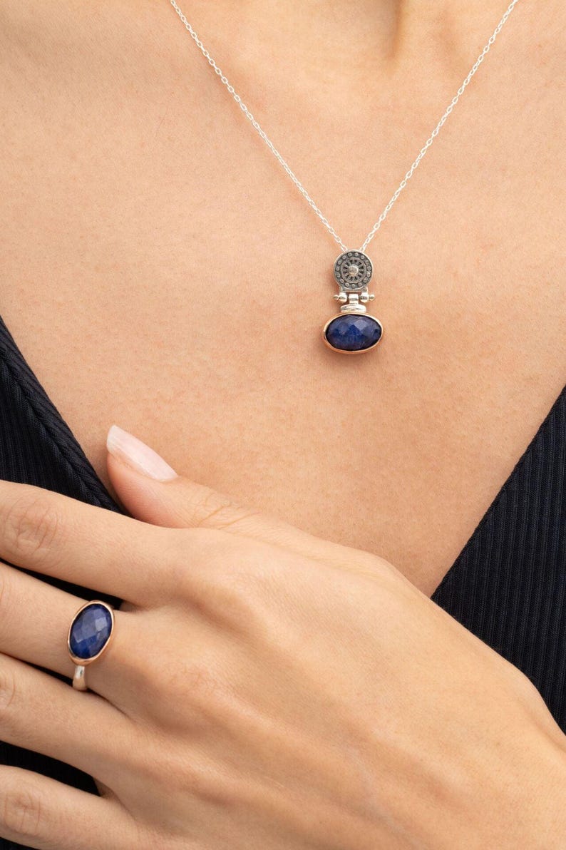 Antique Sapphire Jewelry Set 925 Sterling Silver Vintage Earrings Ring Pendant Chain image 2
