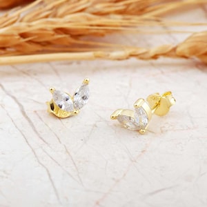 Gold Butterfly Stud Earrings: Marquise Cubic Zirconia, Sterling Silver