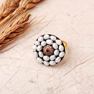 Evil Eye Ring with Sapphire & Pearl, Adjustable Gold Plated 925 Silver image 2