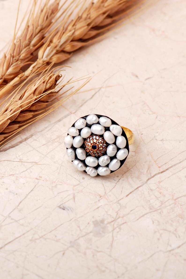 Evil Eye Ring with Sapphire & Pearl, Adjustable Gold Plated 925 Silver image 2