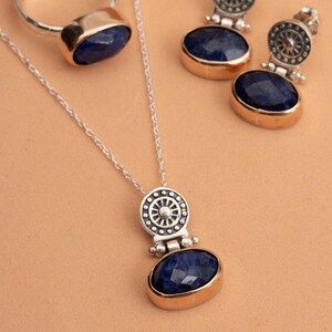 Antique Sapphire Jewelry Set 925 Sterling Silver Vintage Earrings Ring Pendant Chain image 5