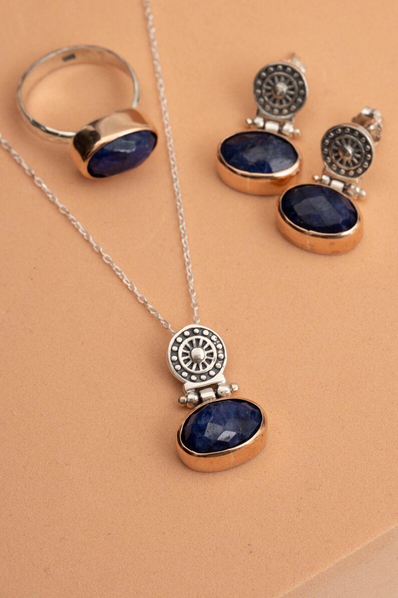 Antique Sapphire Jewelry Set 925 Sterling Silver Vintage Earrings Ring Pendant Chain image 5
