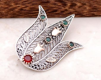 Silver Filigree Tulip Brooch: Handmade Ottoman-Inspired Pin