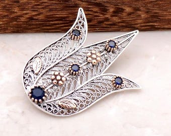Handmade Sterling Silver Tulip Brooch: Ottoman Filigree Pin with Sapphire Stones