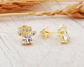 Gold Plated Paw Print Stud Earrings: Cubic Zirconia Sterling Silver