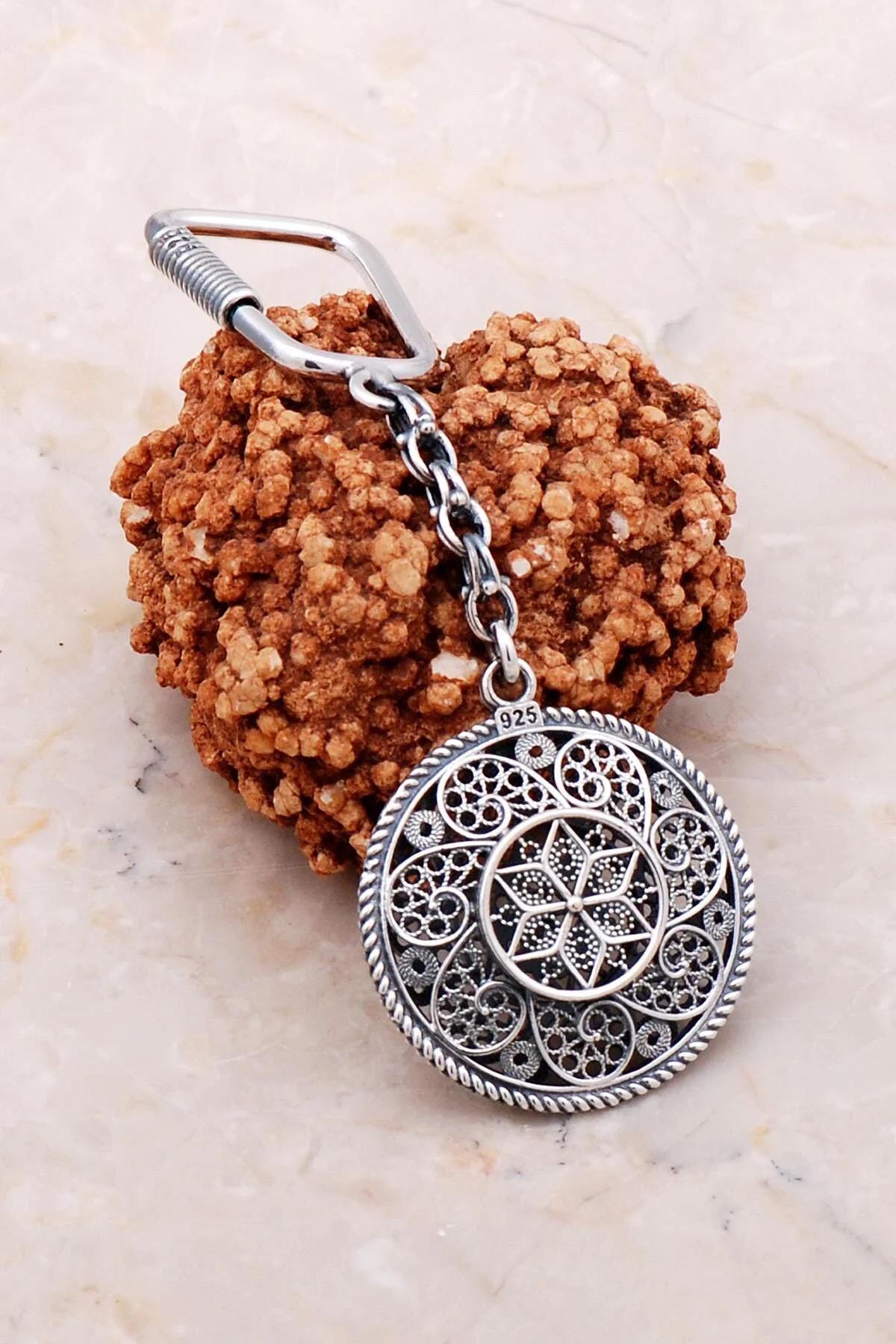 925 Sterling Silver Mandala Keychain with Filigree Floral Pattern Spiritual Geometric Bag Charm for Men Women Car or Gift Idea