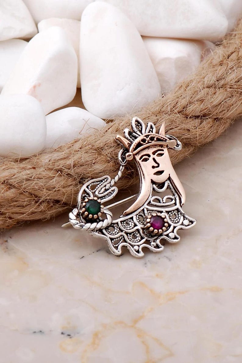 Handmade Sterling Silver Brooch Featuring Queen Silhouette with Filigree Design and Ruby Emerald Gem Accents