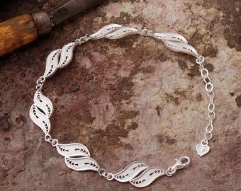 Leaf Bracelet: Midyat Telkari Silver Bangle, 925 Sterling Silver, 16cm