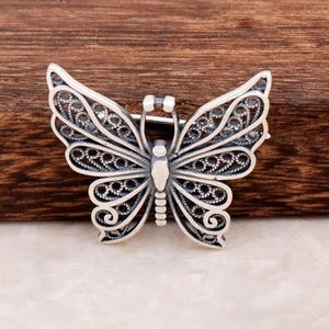 Handcrafted Oxidized Sterling Silver Butterfly Brooch with Intricate Filigree Wings for Nature Inspired Vintage Jewelry Lovers
