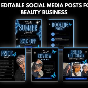 May include: A set of 10 editable social media posts for a beauty business featuring black backgrounds with blue neon-style text and butterfly graphics. The templates include headings like Hello Summer Special, Booking Policy, Price List, and Client Review.