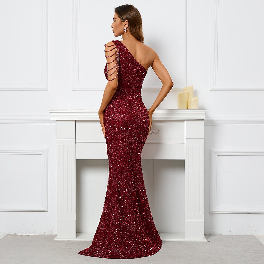 Elegant One Shoulder Burgundy Tulle Sequin Long Party Dress Long Wedding Guest Dress SP1078 main image 1