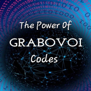 Puede incluir: Una imagen de arte digital con un fondo azul y negro que presenta código binario y una esfera de red. El texto "The Power of GRABOVOI Codes" se muestra en blanco, con "Codes" en una fuente estilizada.