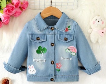 Baby Girls Long Sleeve Flower Embroidery Lapel All Season  Denim Casual Coat/ Jacket